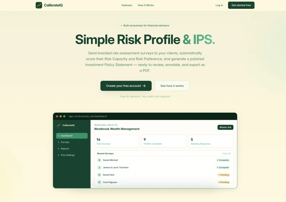 CalibrateIQ risk assessment and Investment Policy Statement app screenshot
