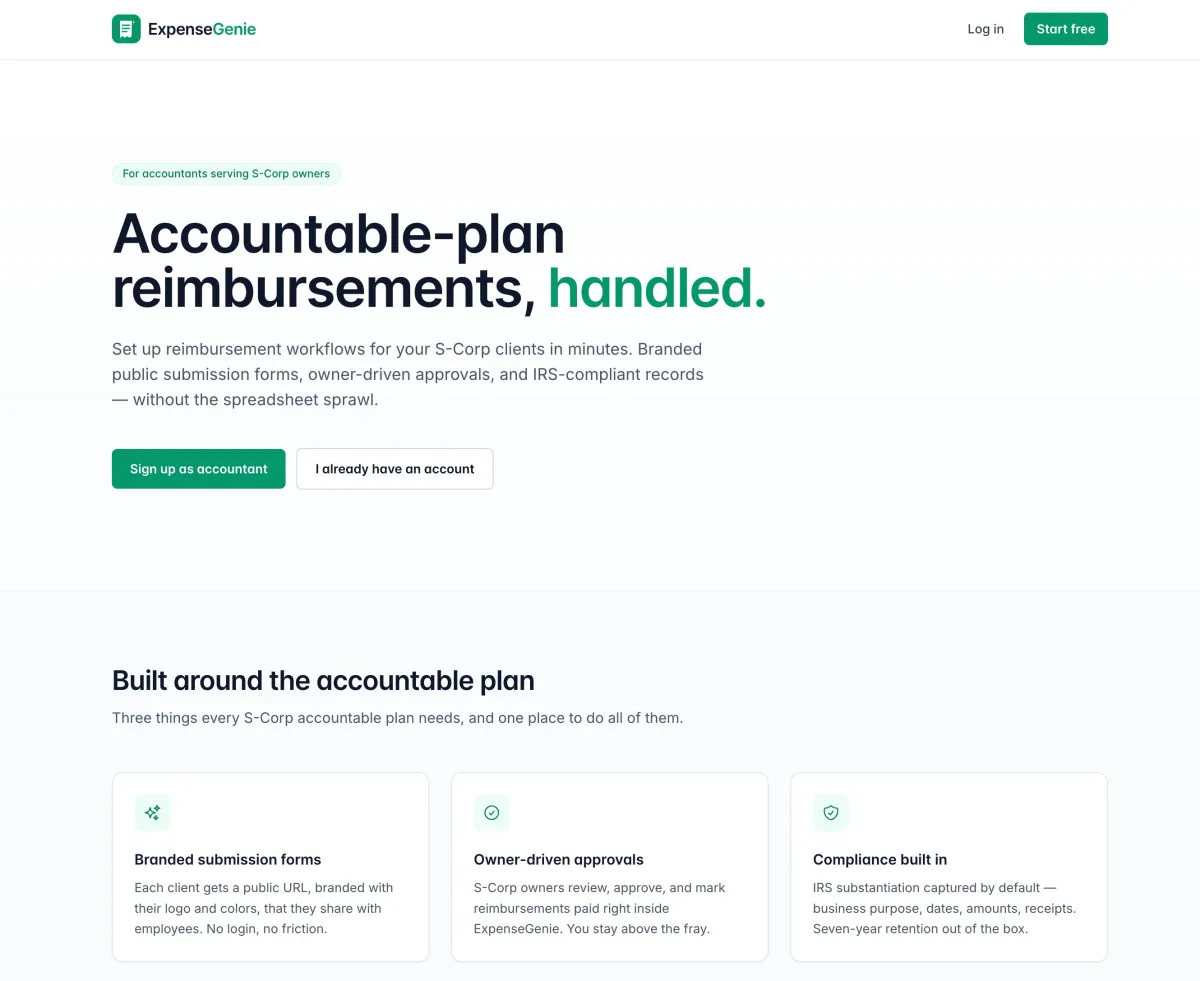 ExpenseGenie S-Corp accountable plan reimbursement app screenshot