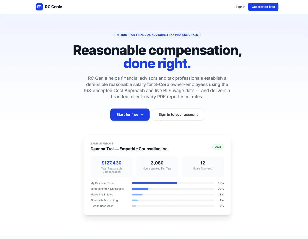 RC Genie S-Corp reasonable compensation report app screenshot