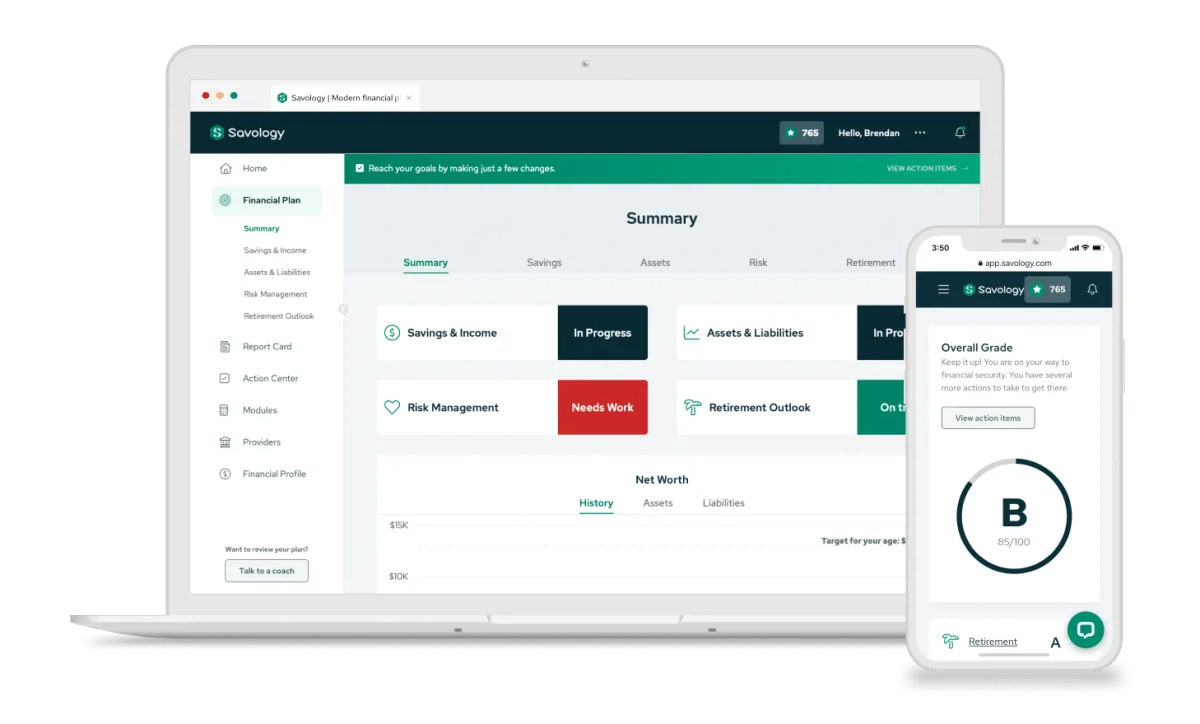 The Savology financial planning platform shown on a laptop and phone, with a client's plan summary and overall grade