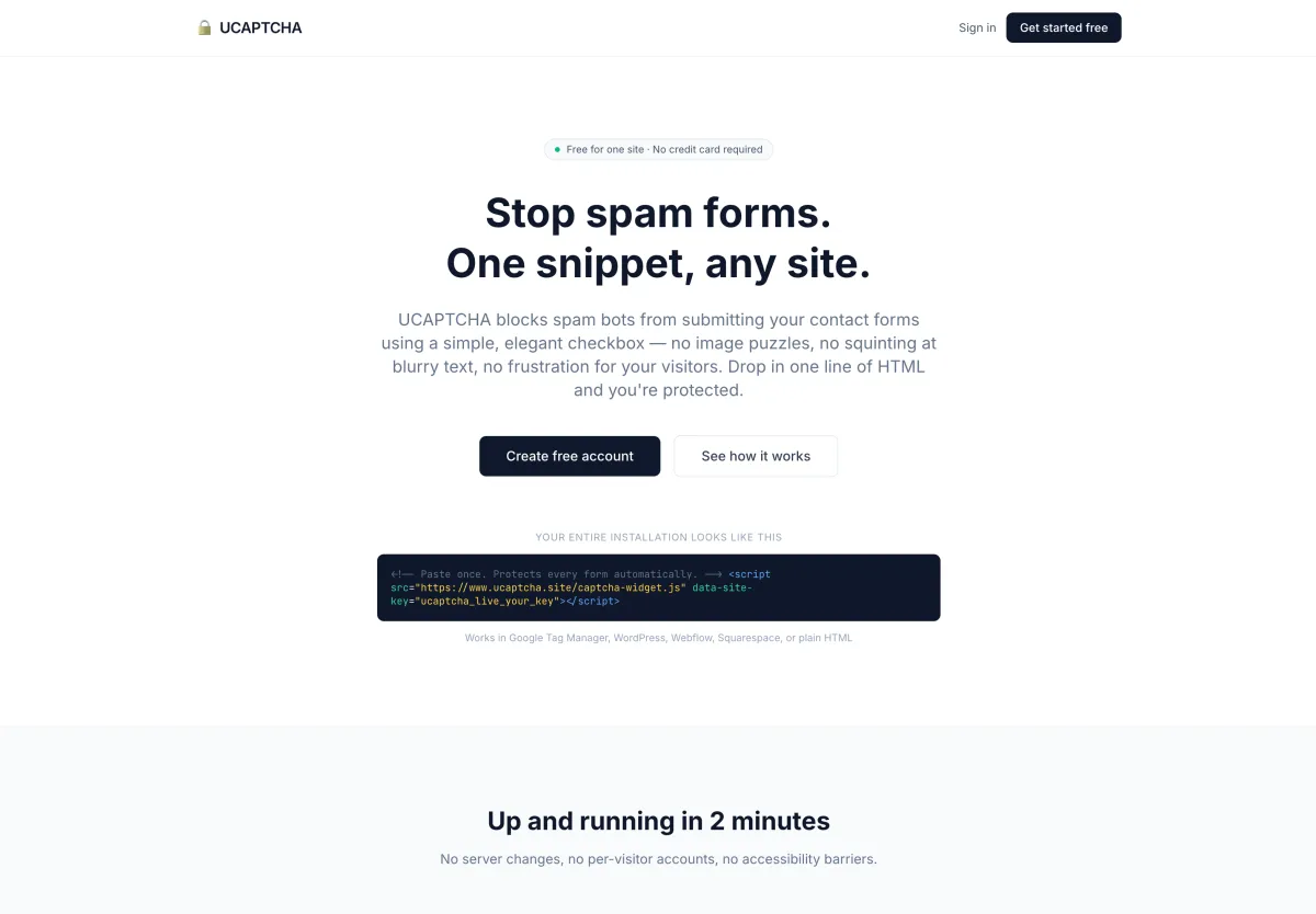 UCAPTCHA form spam protection checkbox screenshot